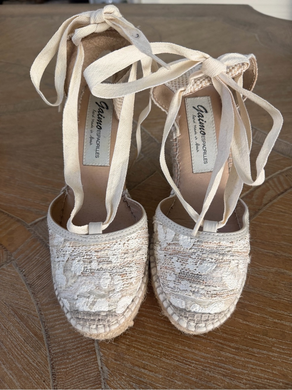 Gaimo Lace Espadrille Wedge Tie-Up Sandals in Ivory